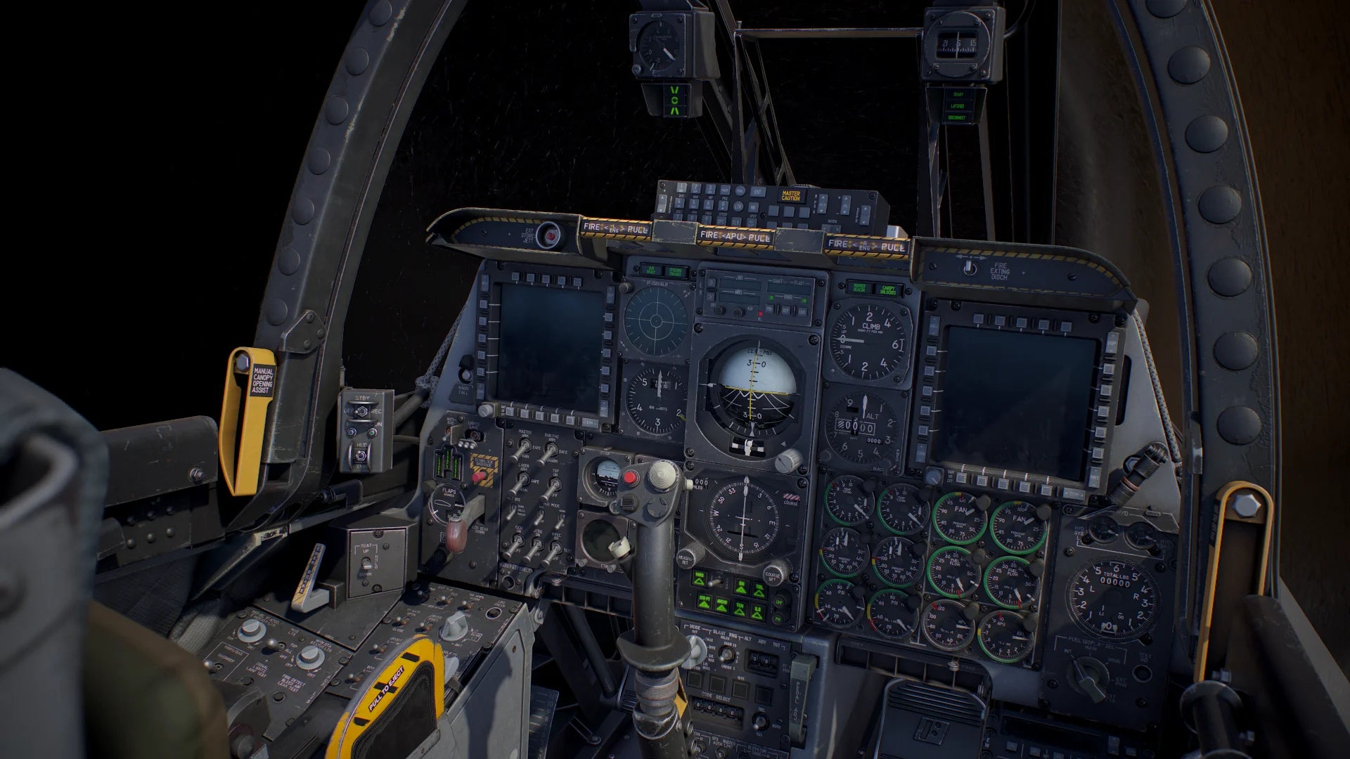 A-10C cockpit, switches and instruments across the panel